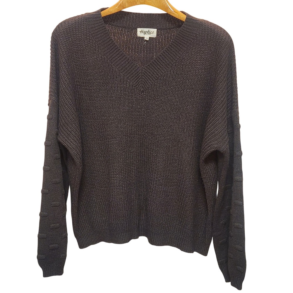 Haptics by Holly Harper Women Chocolate Brown V Neck Textured Knit Sweater Small